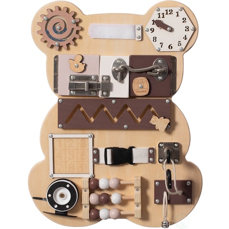 Shpilmaster Wooden Sensory Bear Shaped Learning Wall Mounted Toddler Board For Playroom, and Doctors' Office QI004594